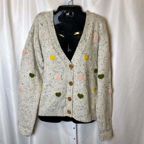 Kersh Cardigan Sweater Large Cream Multicolor Speckle Knit Heart Twee Quirky - Picture 1 of 5
